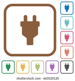 Power connector simple icons in color rounded square frames on white background