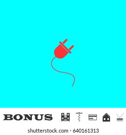 Power cord icon flat. Red pictogram on blue background. Vector illustration symbol and bonus buttons Music center, corkscrew, credit card, house, drum