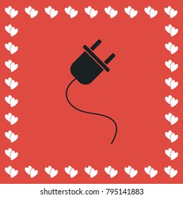 Power cord icon flat. Simple black pictogram on red background with white hearts for valentines day. Vector illustration symbol