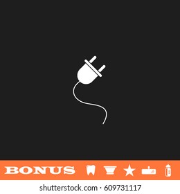 Power cord icon flat. White pictogram on black background. Vector illustration symbol and bonus button tooth, vase, star, mirror, bottle