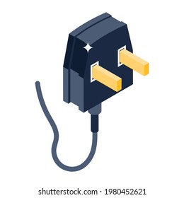 Power cord icon in isometric design, plug editable vector 