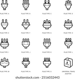 Power Cord Plugs Type, Global Used, World Standard Plugs, black icons set on white background, High Quality.