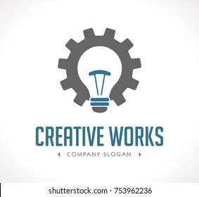 Power of creation logo - working gears and light bulb concept