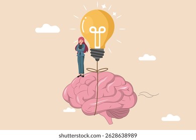 The Power of Creative Thought. Conceptual Illustration of a Woman Standing on a Brain with a Shining Light Bulb.