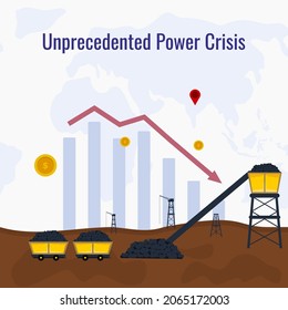 Crisis energética debido a la baja reserva de carbón. Gráfico de declinación de la industria de la minería del carbón, gráfico, economía, finanzas, electricidad, ilustración