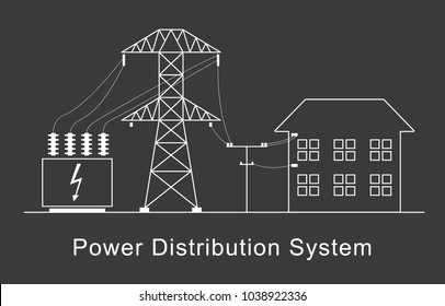 Power distribution system. White linear simple design on dark grey background. Vector illustration.