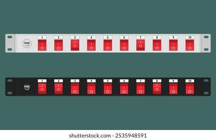 Power distribution unit with individual lighted switches. Rackmount 1U panel for 19 inch server rack. Vector illustration in flat style