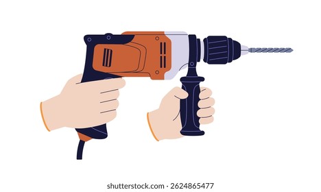 Power drill, electric industrial tool. Hands holding, using professional construction and repair equipment, work machine with side handle. Flat vector illustration isolated on white background