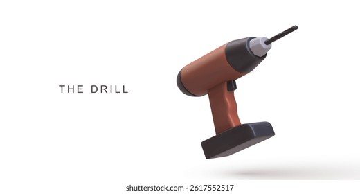 Power Drill Floating on White Background in Minimal 3D Style. Perfect for Construction, DIY, and Engineering Themes. Clean and Modern Look. Vector Illustration.