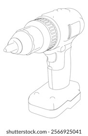 Power Drill Line Art Vector Illustration on White Background. Precision Design for Carpentry, DIY Projects, and Industrial Use