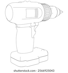 Power Drill Line Art Vector Illustration on White Background. Precision Design for Carpentry, DIY Projects, and Industrial Use