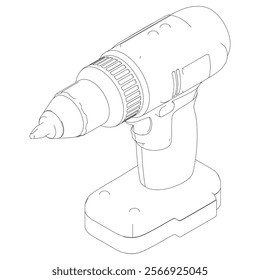 Power Drill Line Art Vector Illustration on White Background. Precision Design for Carpentry, DIY Projects, and Industrial Use