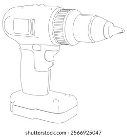 Power Drill Line Art Vector Illustration on White Background. Precision Design for Carpentry, DIY Projects, and Industrial Use