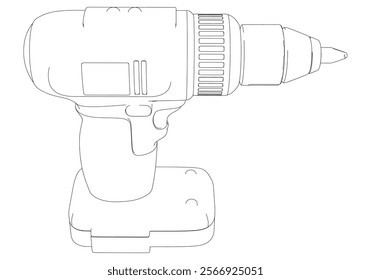 Power Drill Line Art Vector Illustration on White Background. Precision Design for Carpentry, DIY Projects, and Industrial Use