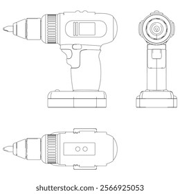 Power Drill Line Art Vector Illustration on White Background. Precision Design for Carpentry, DIY Projects, and Industrial Use