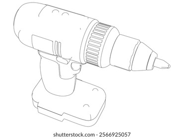 Power Drill Line Art Vector Illustration on White Background. Precision Design for Carpentry, DIY Projects, and Industrial Use