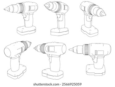 Power Drill Line Art Vector Illustration on White Background. Precision Design for Carpentry, DIY Projects, and Industrial Use