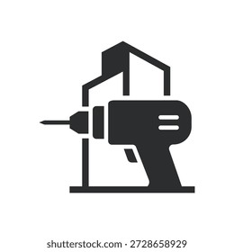Icono del logotipo del taladro eléctrico. Mostrando trabajos de construcción, renovación de viviendas y servicio de reparación profesional.