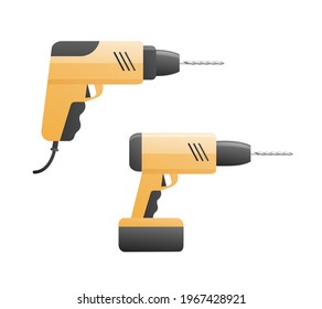 Power drill set. Colored flat vector illustrations isolated on white background.