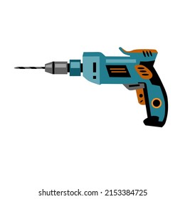 Taladro eléctrico. Herramienta de trabajo para taladros. Icono para sitio web, aplicación sobre la venta de herramientas, construcción, contratación de trabajadores. Ilustración plana vectorial, estilo de dibujos animados.