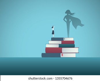 Power of education and knowledge vector concept. Girl, woman standing on top of books and her superhero shadow. Symbol of confidence, excellence, talent and skill. Eps10 vector illustration