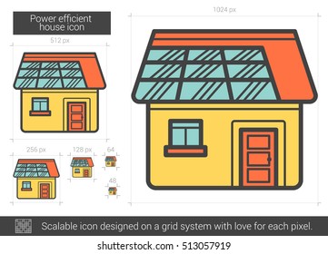 Power efficient house vector line icon isolated on white background. Power efficient house line icon for infographic, website or app. Scalable icon designed on a grid system.