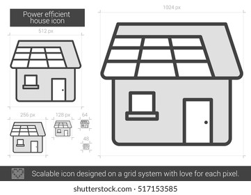 Power efficient house vector line icon isolated on white background. Power efficient house line icon for infographic, website or app. Scalable icon designed on a grid system.