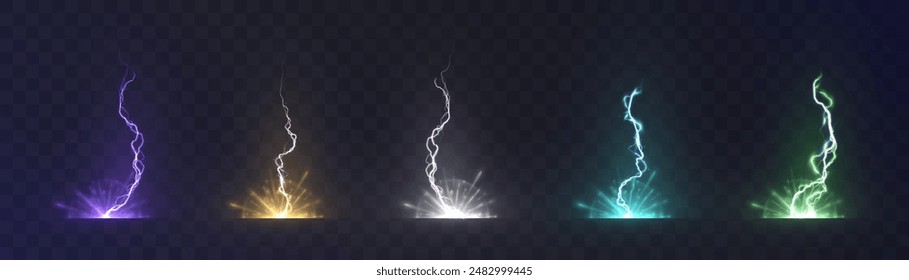 Power electrical energy lightning, lightning effect, bright light effect PNG. Lightning energy discharge effect isolated on transparent background for web design and illustrations.