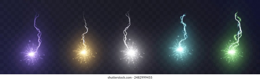 Power electrical energy lightning, lightning effect, bright light effect PNG. Lightning energy discharge effect isolated on transparent background for web design and illustrations.