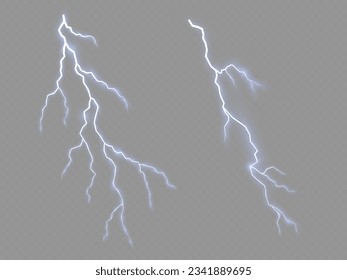 Energía eléctrica, rayos de luz o efectos de electricidad. Ataque de luz azul eléctrico durante una tormenta nocturna, ataque, grieta, destello de energía mágica. Vertimiento realista. Ilustración vectorial.