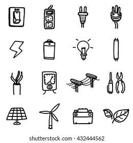 power and electrical objects or icons set/ cartoon vector and illustration, hand drawn, black and white style, isolated on white background.