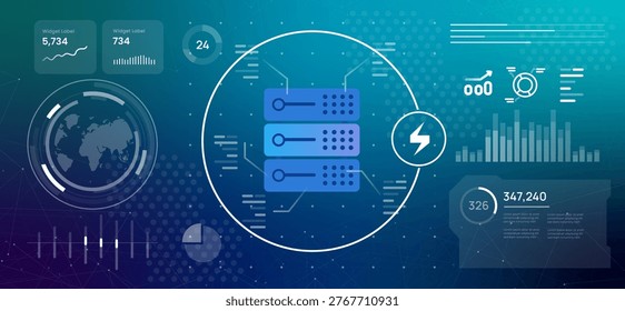 power electricity for data center server rack with digital dashboard interface computing analytics global network statistics and artificial intelligence processing performance on dark blue high tech background