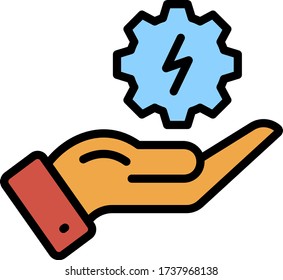 Power Electricity Development Vector Color Icon Design, Hand with thunderbolt charged gear design, Industrial and Electrical engineering Symbol. 