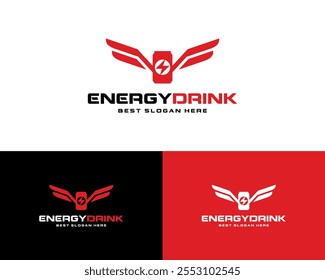 Power Energy Canned Drink Boost Water Beverage Fly Spread Wings Vector Logo Design Illustration