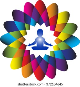Power and Energy. Colorful illustration of a baby meditating in a lotus yoga position inside a colorful lotus flower symbolizing a power and energy which can be used for your company logo