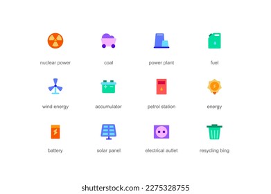 Power and energy concept of web icons set in color flat design. Pack of nuclear power, coal, fuel, petrol station, battery, solar panel, electrical outlet and other. Vector pictograms for mobile app