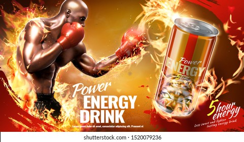 Power energy drink ads with fitness boxer and burning fire effect in 3d illustration