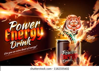 Power energy drink ads with flame tiger effect in 3d illustration