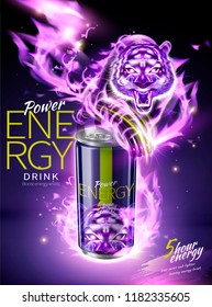 Power energy drink ads with purple flame tiger effect in 3d illustration