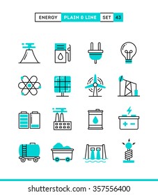 Power, energy, electricity production and more. Plain and line icons set, flat design, vector illustration