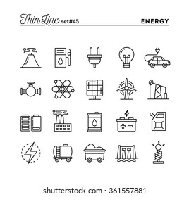 Power, energy, electricity production and more, thin line icons set, vector illustration