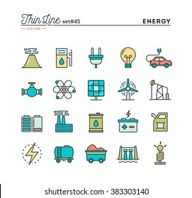 Power, energy, electricity production and more, thin line color icons set, vector illustration