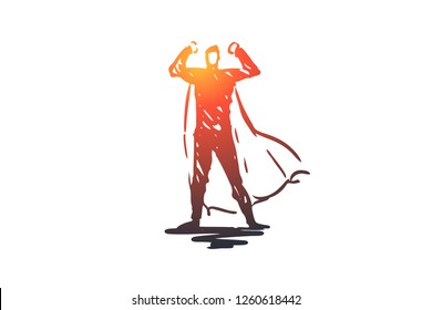Power, energy, fight, man, superhero concept. Hand drawn man superhero in cloak concept sketch. Isolated vector illustration.