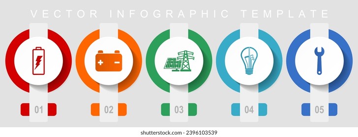 Power and energy flat design icon set, miscellaneous icons such as battery, solar power, light bulb and tool, vector infographic template, web buttons collection