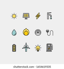 Power and energy flat vector icons set