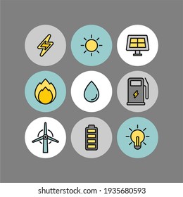 Power and energy flat vector icons set