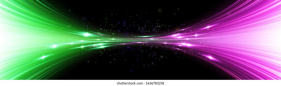 Power energy. Futuristic Flash. Green energy. Neon lines. Glow effect. Beautiful light. Glint cosmic rays. Mystical shine streaks. Empty place. Abstract background. Vector.