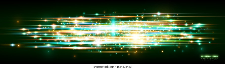 Power energy. Futuristic wave Flash. Magic sparks. Neon wind lines. Glow effect. Beautiful light. Glint cosmic rays. Mystical shine streaks. Empty place. Abstract background. Vector.