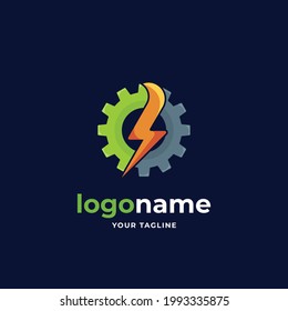 power energy gear logo gradient style with thunder lightning for industrial technology business company