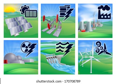Power or energy generation with icons. Photovoltaic cells solar renewable, oil well pumpjacks, fossil fuel power plant, nuclear,  hydroelectric water dam sustainable and wind turbine wind farm
